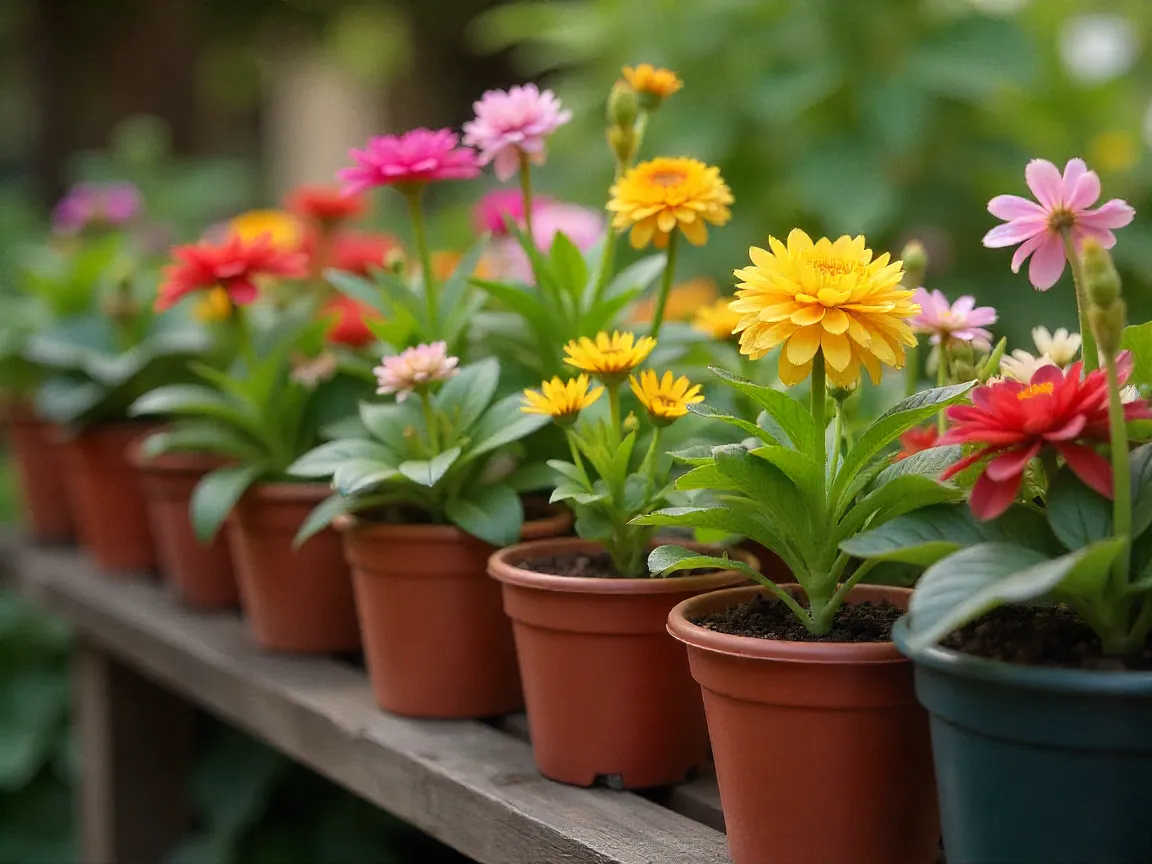 Kleurrijke plantenpotten arrangement